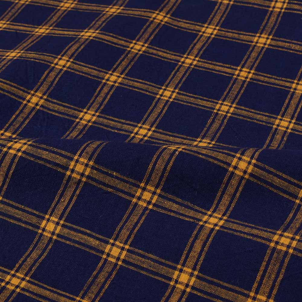 CHECK NAVY YELLOW PURE COTTON 110 GSM HANDWOVEN FABRIC
