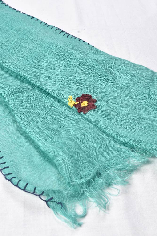 TEAL LINEN HAND EMBROIDERED SCARF