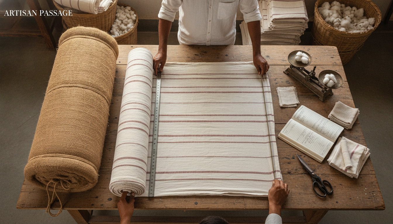 Wholesale cotton fabric rolls packed for export shipping from India.