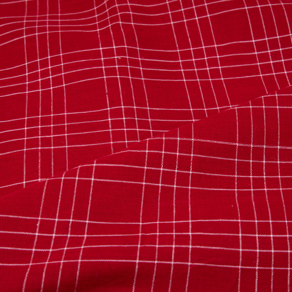 CHECK RED PURE COTTON 110 GSM HANDWOVEN FABRIC