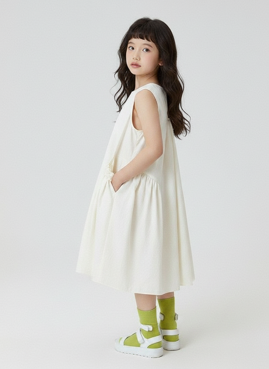 Side Ruffled & Gathered Pockets Kids Dress