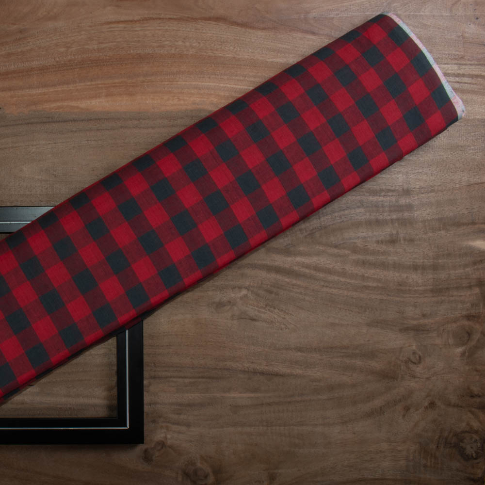 Check Red Dark Grey Pure Cotton 70 GSM Handwoven Fabric 