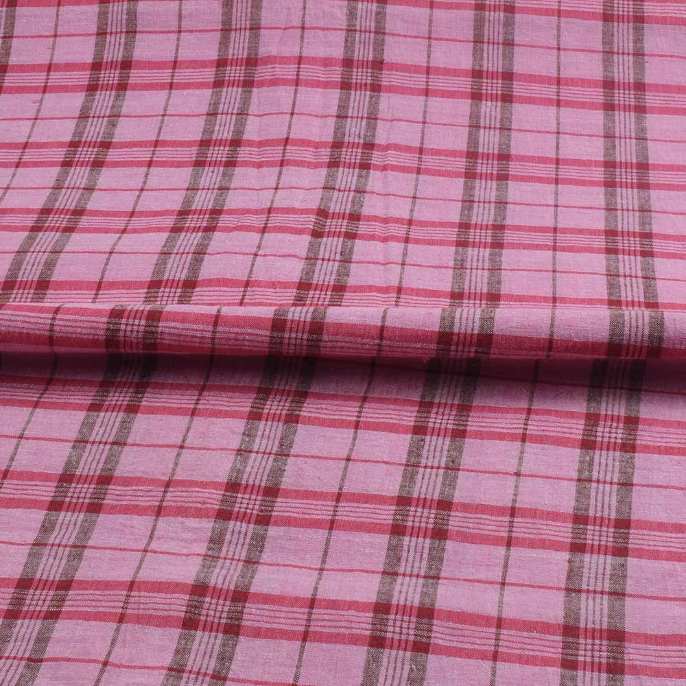 CHECK PINK & BROWN PURE COTTON 102 GSM HANDWOVEN FABRIC 370