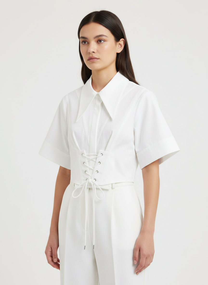 Half Sleeves Corset Croped Shirt With Concealed Button Placket