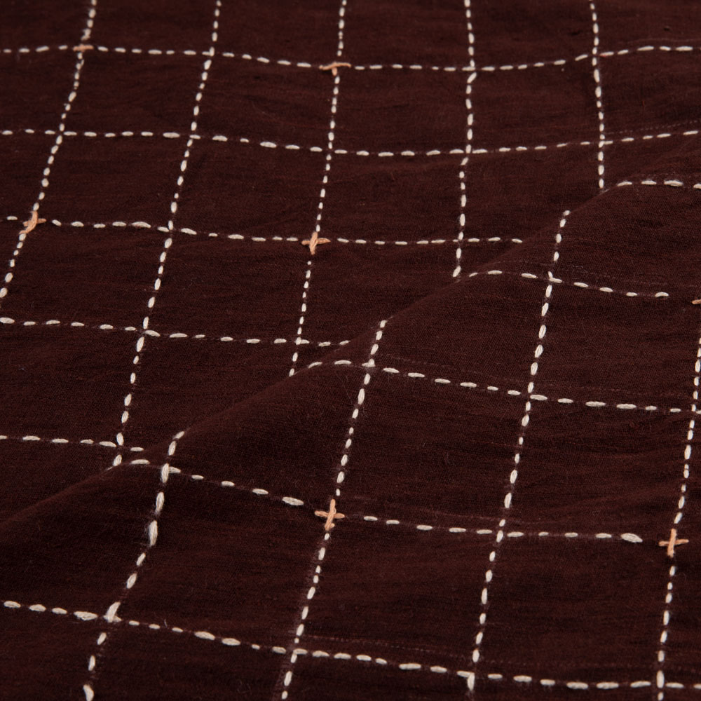 CHECK BROWN KANTHA EMBROIDERED KHADI COTTON 110 GSM HANDWOVEN FABRIC