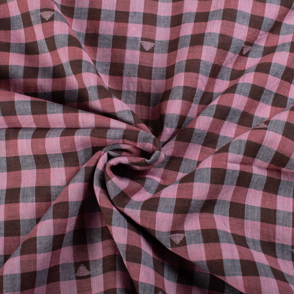 Pink & Chocolate Check Pure Cotton Pink Jamdani 55 GSM Handwoven Fabric