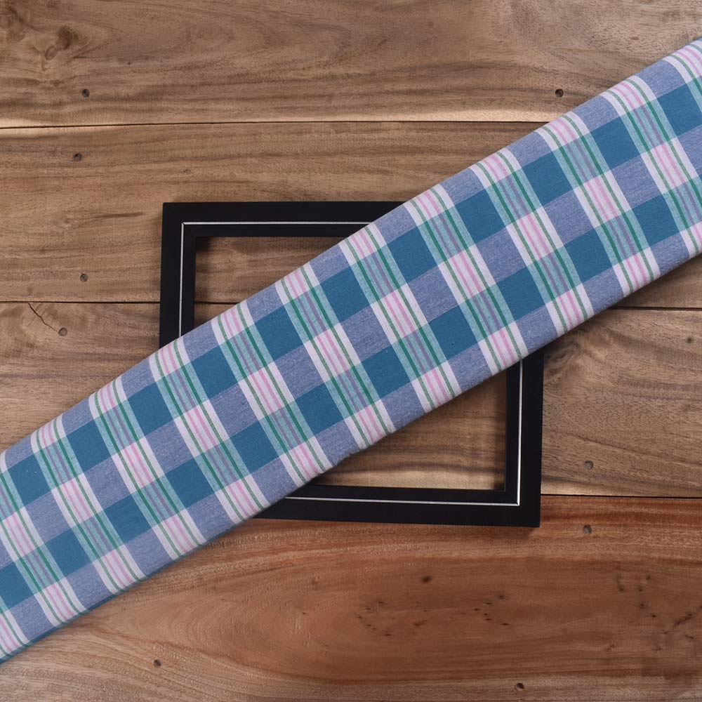 Check Blue & White Pure Cotton 75 GSM Handwoven Fabric