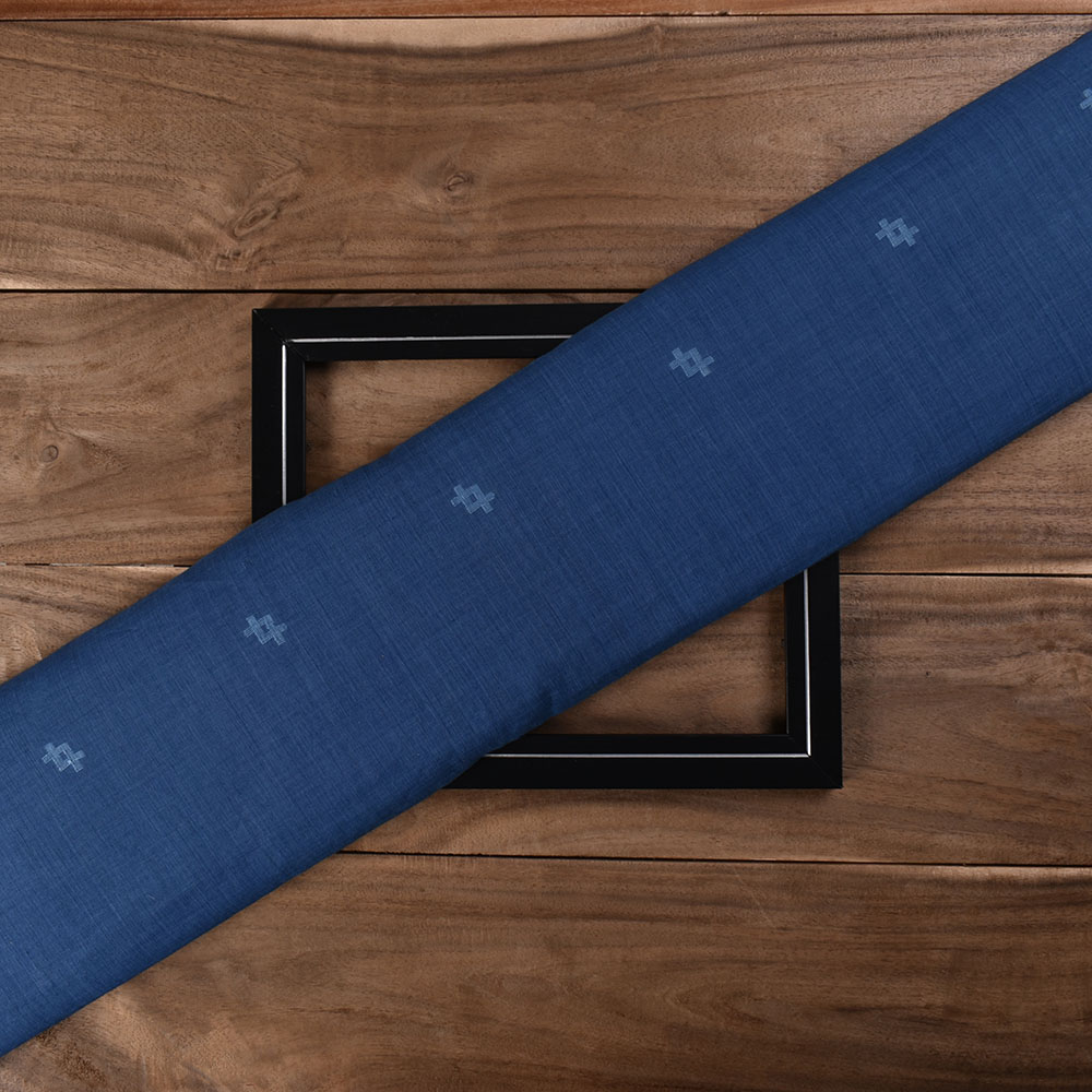 Blue Geometric Jamdani Pure Cotton 55 GSM Handwoven Fabric