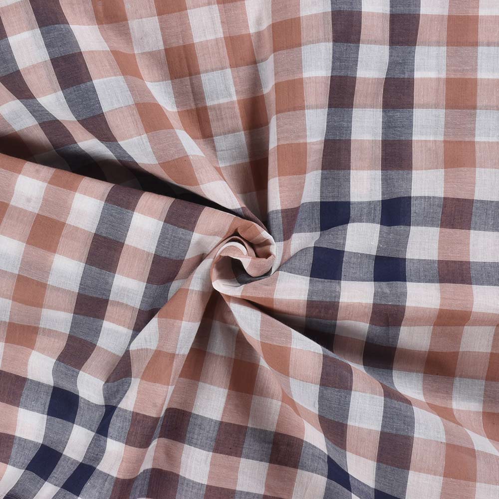 Check White Blue & Brown Pure Cotton 95 GSM Handwoven Fabric