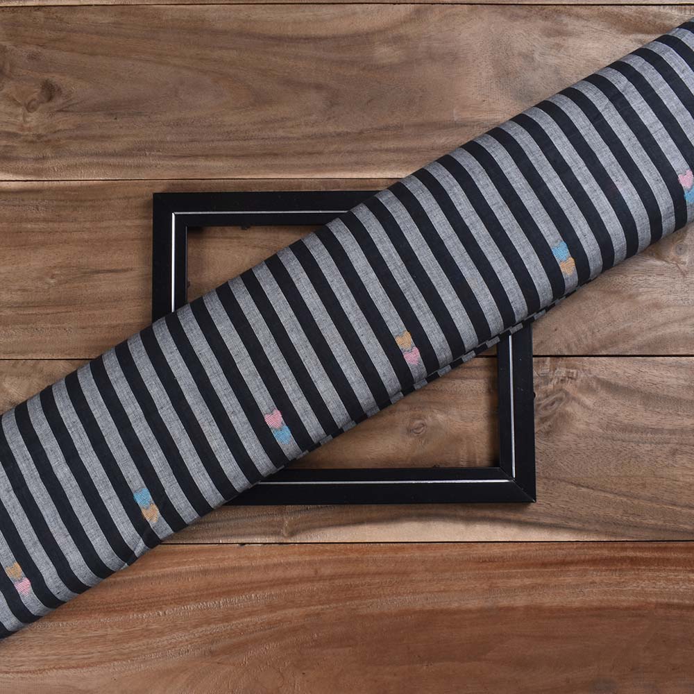 Stripe Black White Jamdani Pure Cotton 62 GSM Handwoven Fabric