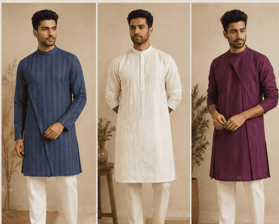 Men's Indian ethnic wear featuring handwoven fabrics and contemporary festive styles
