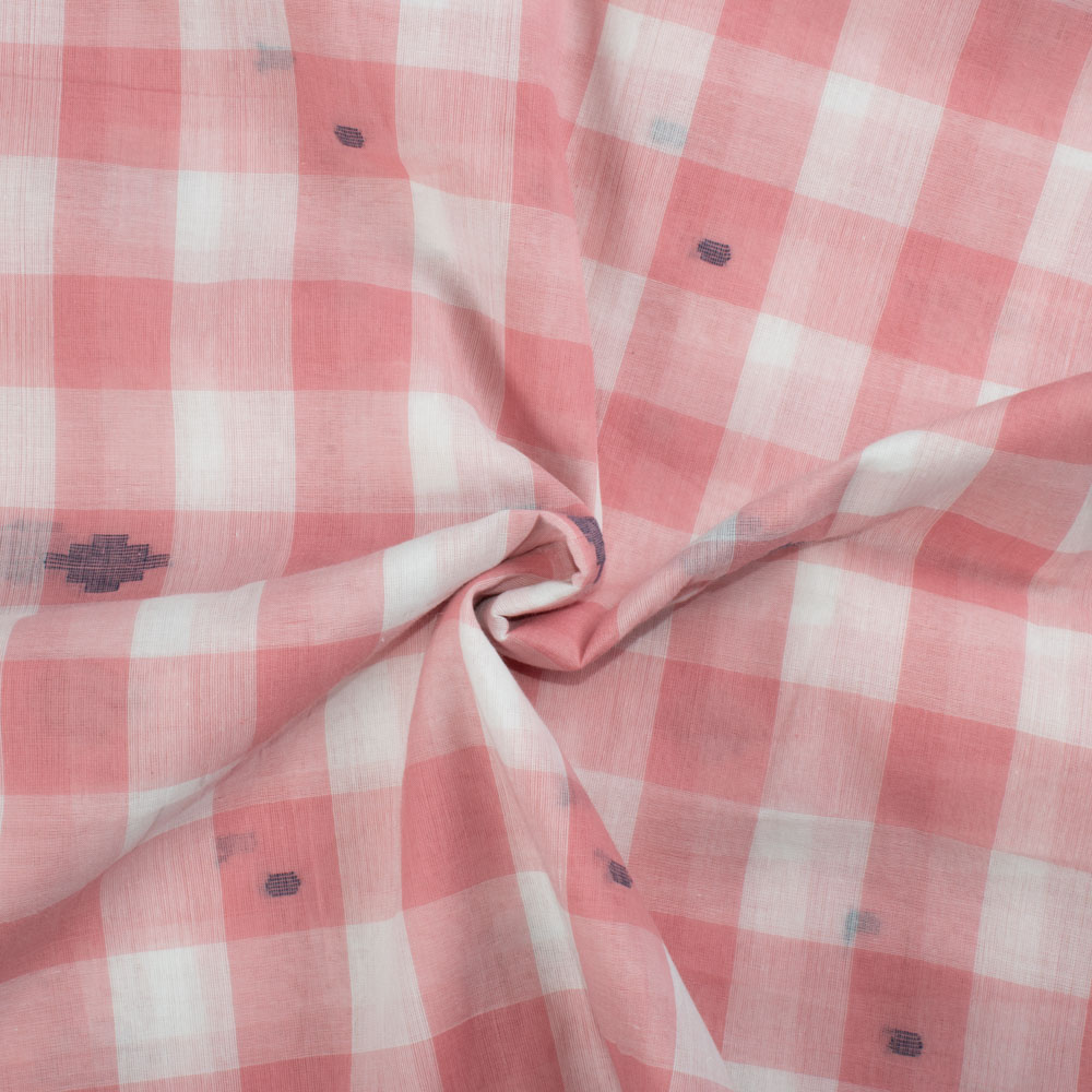Check White Pink Jamdani Pure Cotton 55 GSM Handwoven Fabric 342