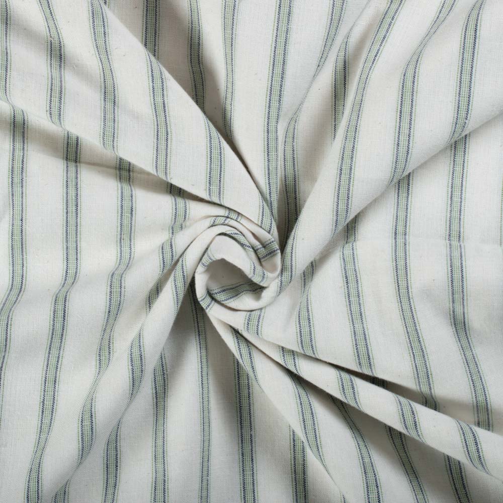 Off White Base Blue Green Stripe Cotton Khadi 105 GSM Handwoven Fabric