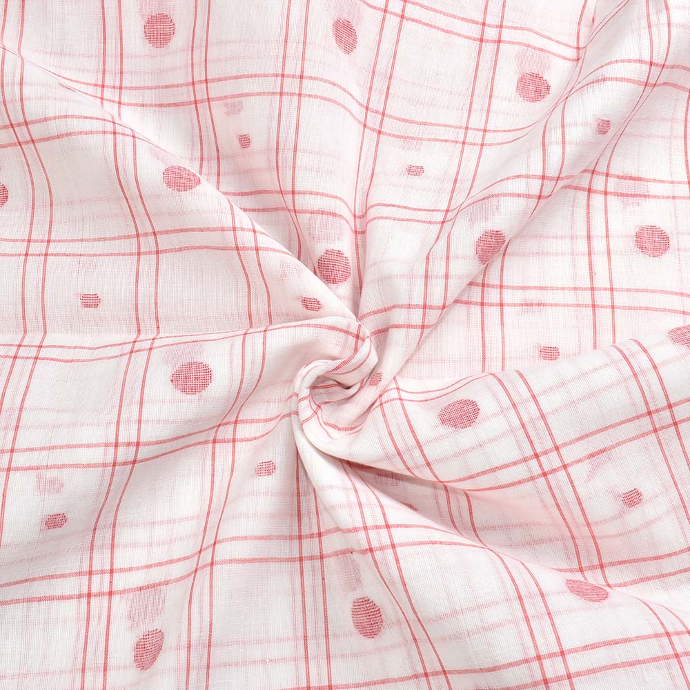 Check White Red Jamdani Pure Cotton 65 GSM Handwoven Fabric