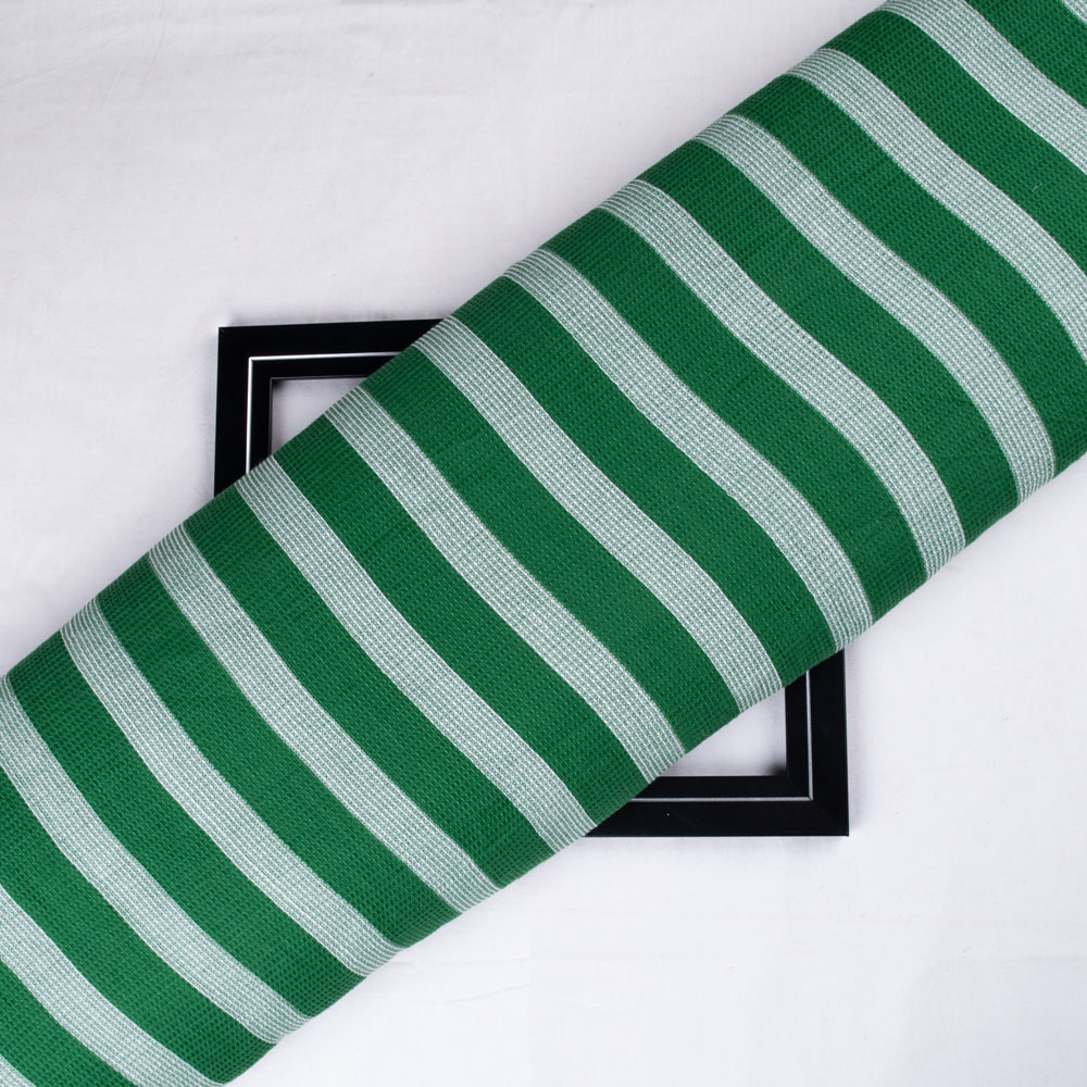 Stripe Green & White Honeycomb Weave Pure Cotton 108 GSM Fabric