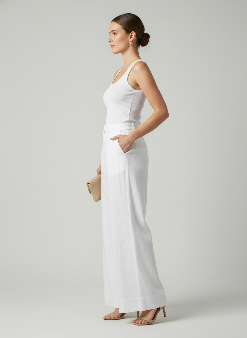 Wide Leg Pants-Single Center Button 