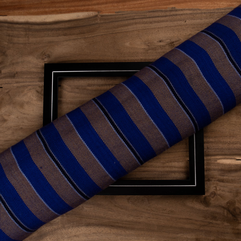Stripe Blue Brown Pure Wool 230 GSM Handwoven Fabric