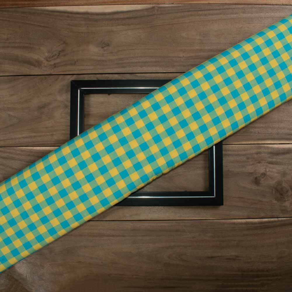 Check Turquoise and Yellow Pure Cotton 100 GSM Handwoven Fabric