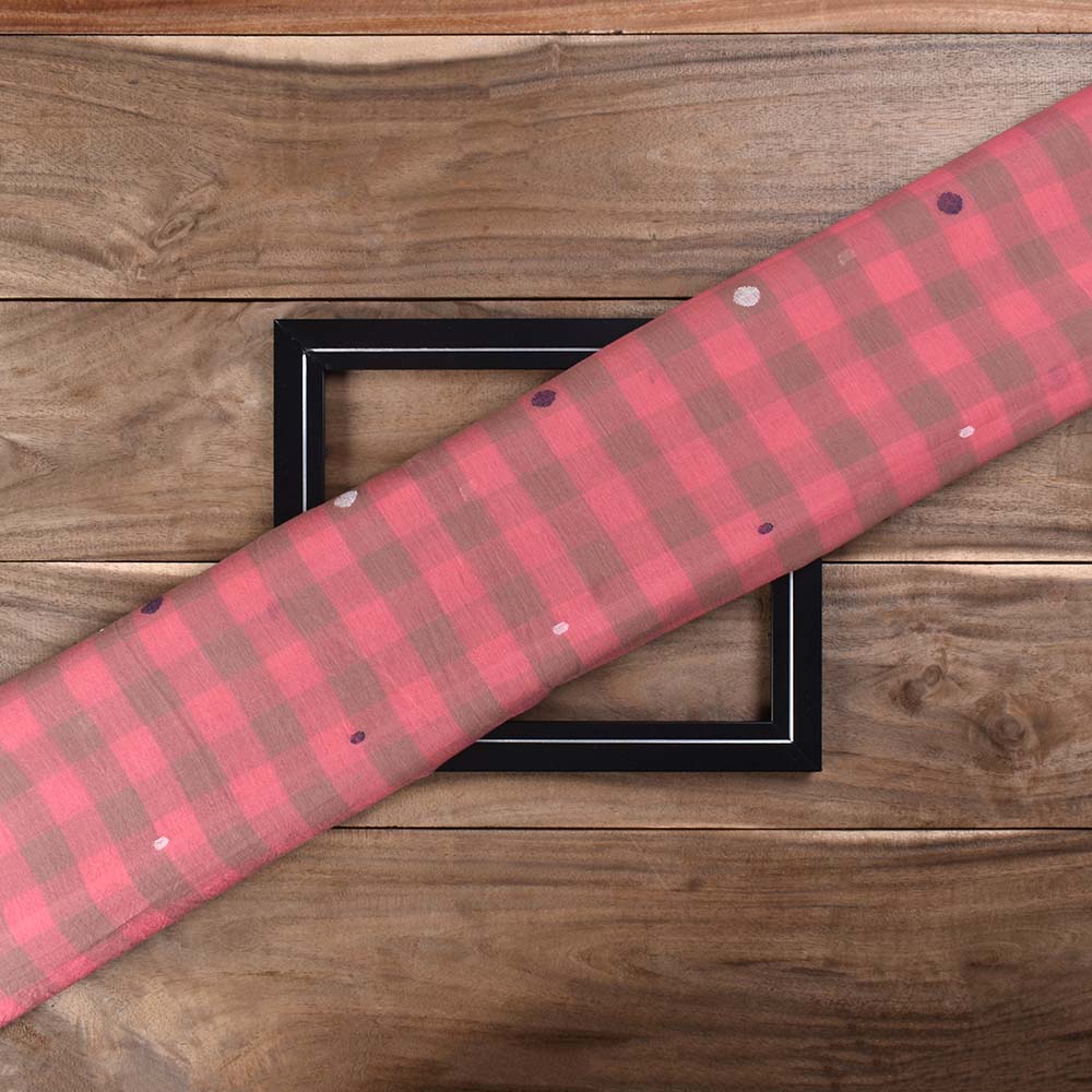 Pink Grey Check Jamdani Pure Cotton 50 GSM Handwoven Fabric