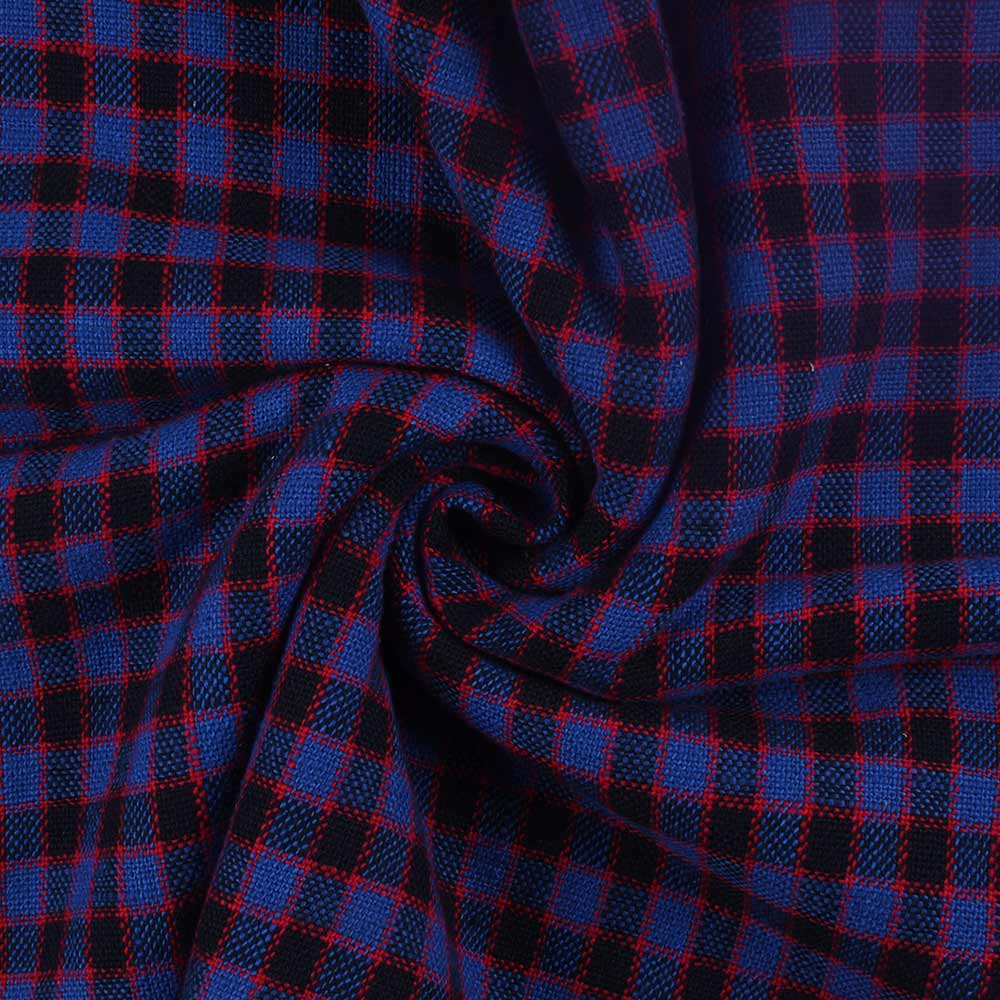 Check Red Blue & Black Khadi Fabric - 282 GSM Handspun & Handwoven