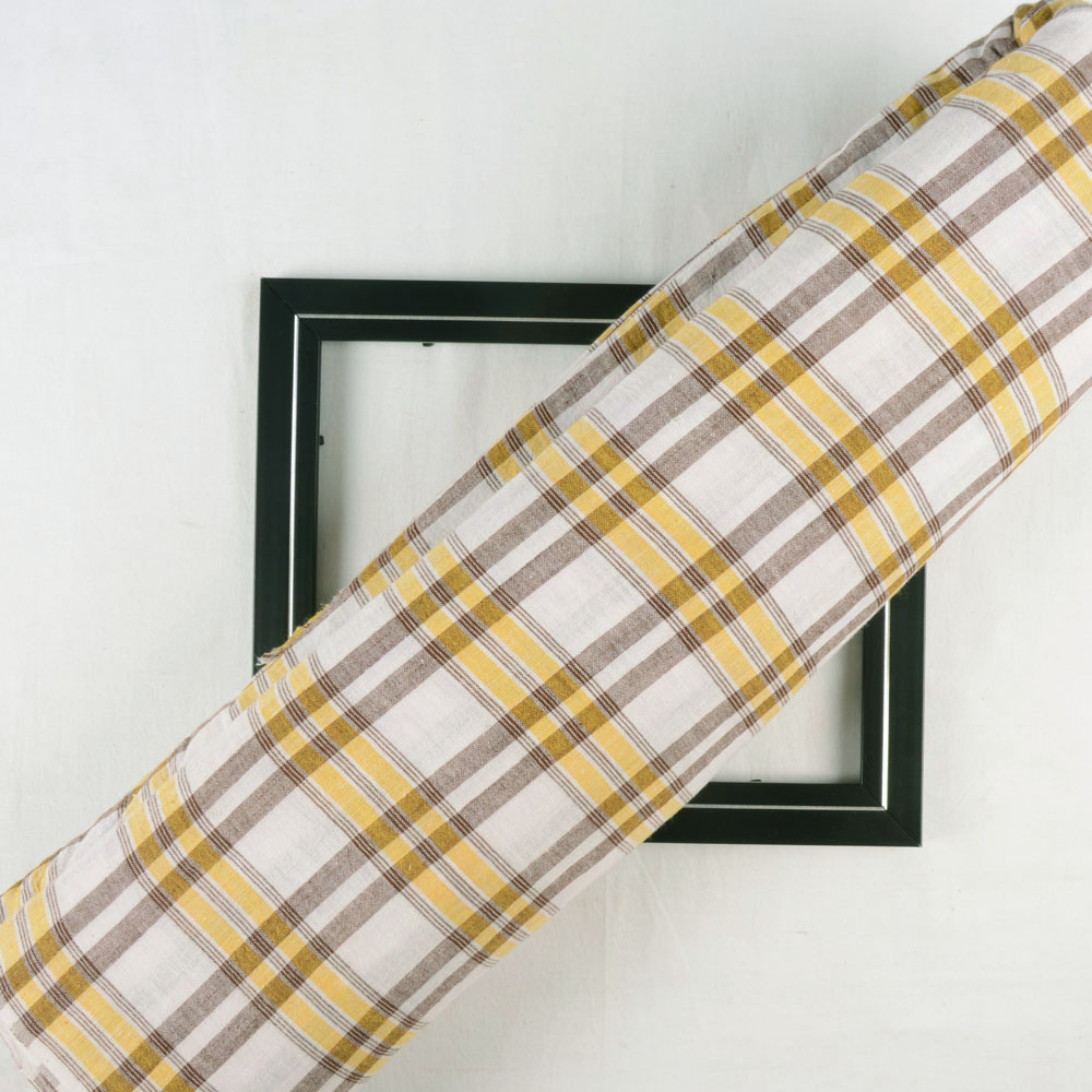 CHECK BRWON YELLOW & WHITE PURE COTTON 99 GSM HANDWOVEN FABRIC