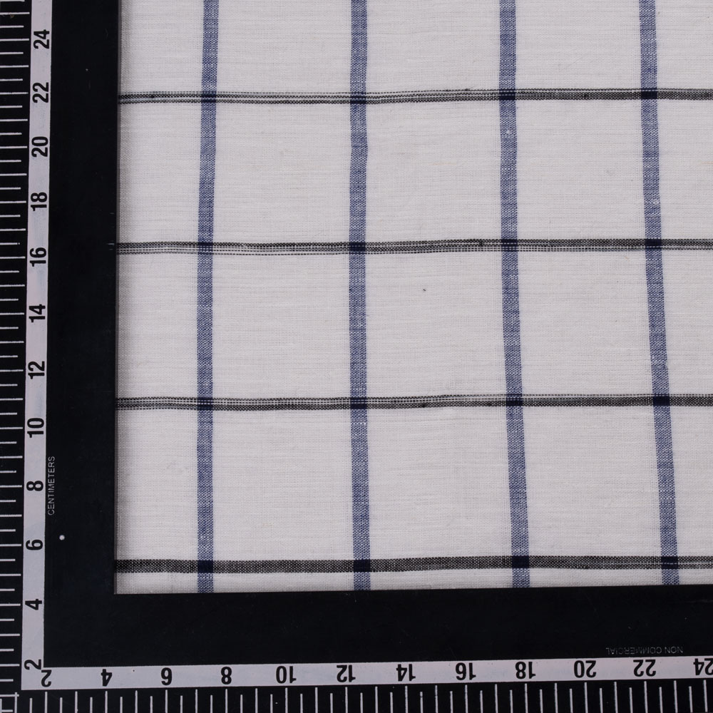 CHECK WHITE BLUE & BLACK LINEN COTTON 121 GSM HANDWOVEN FABRIC