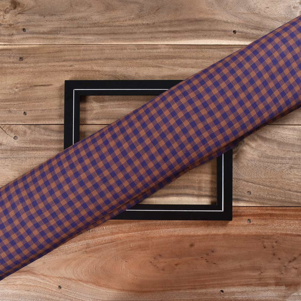 Check Brown & Blue Pure Cotton 105 GSM Handwoven Fabric
