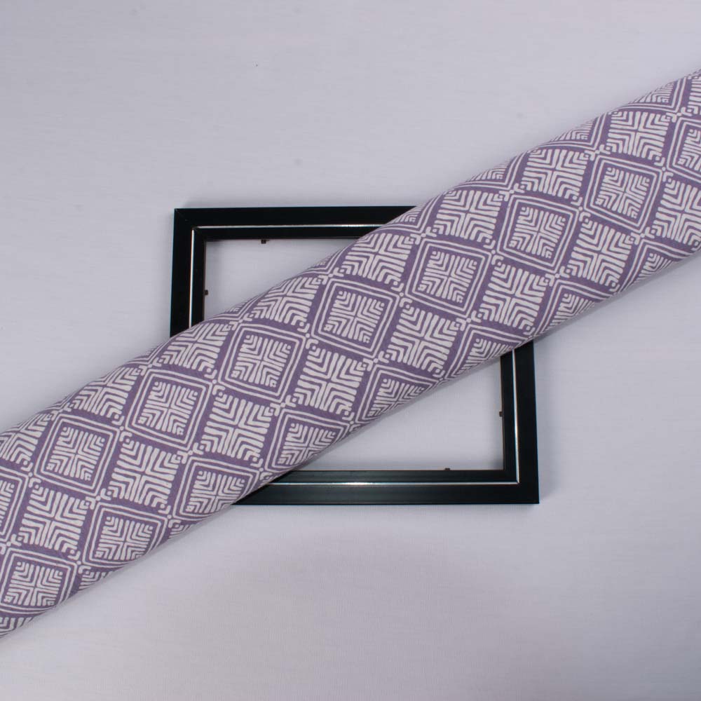 Abstract Purple White Screenprinted Pure Khadi 90 GSM Handwoven Fabric