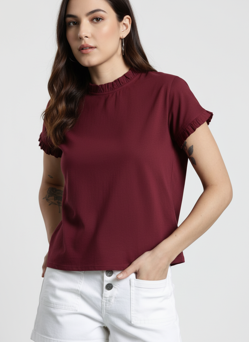 Ruffled Neck & Sleeves Hem Basic Top