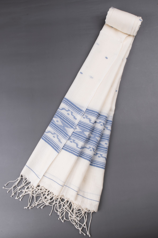 GEOMETRIC WHITE JAMDANI HANDWOVEN PURE COTTON SCARF 125