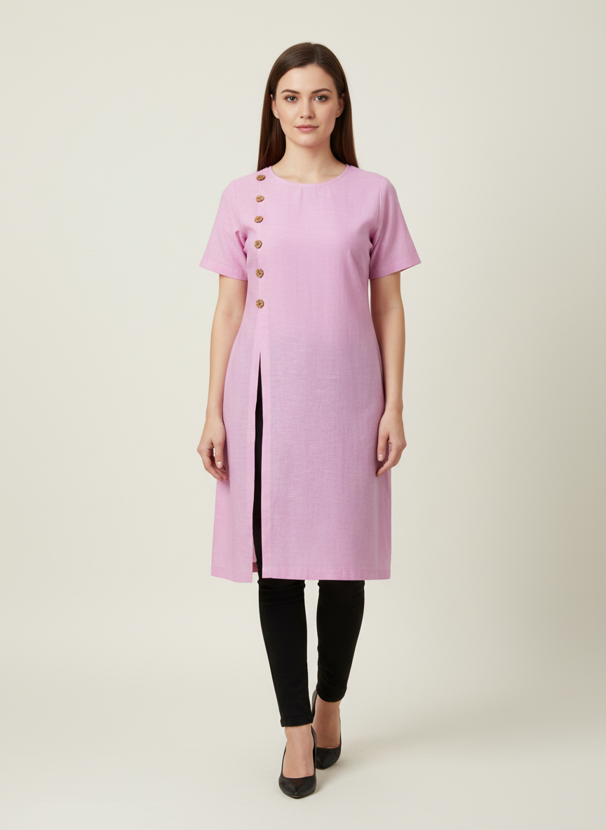 Long Top With Side Slit & Button Embellishment