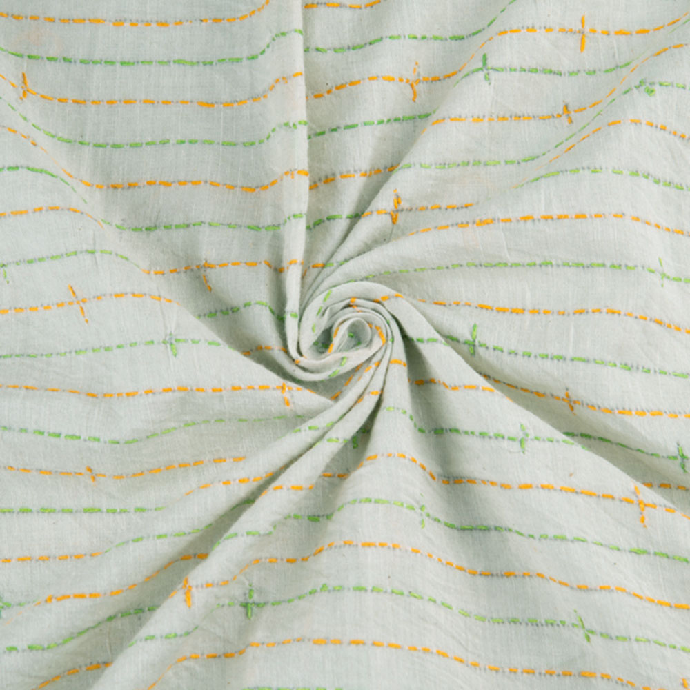 Stripe Off White Kantha Embroidered Khadi Cotton 140 GSM Handwoven Fabric