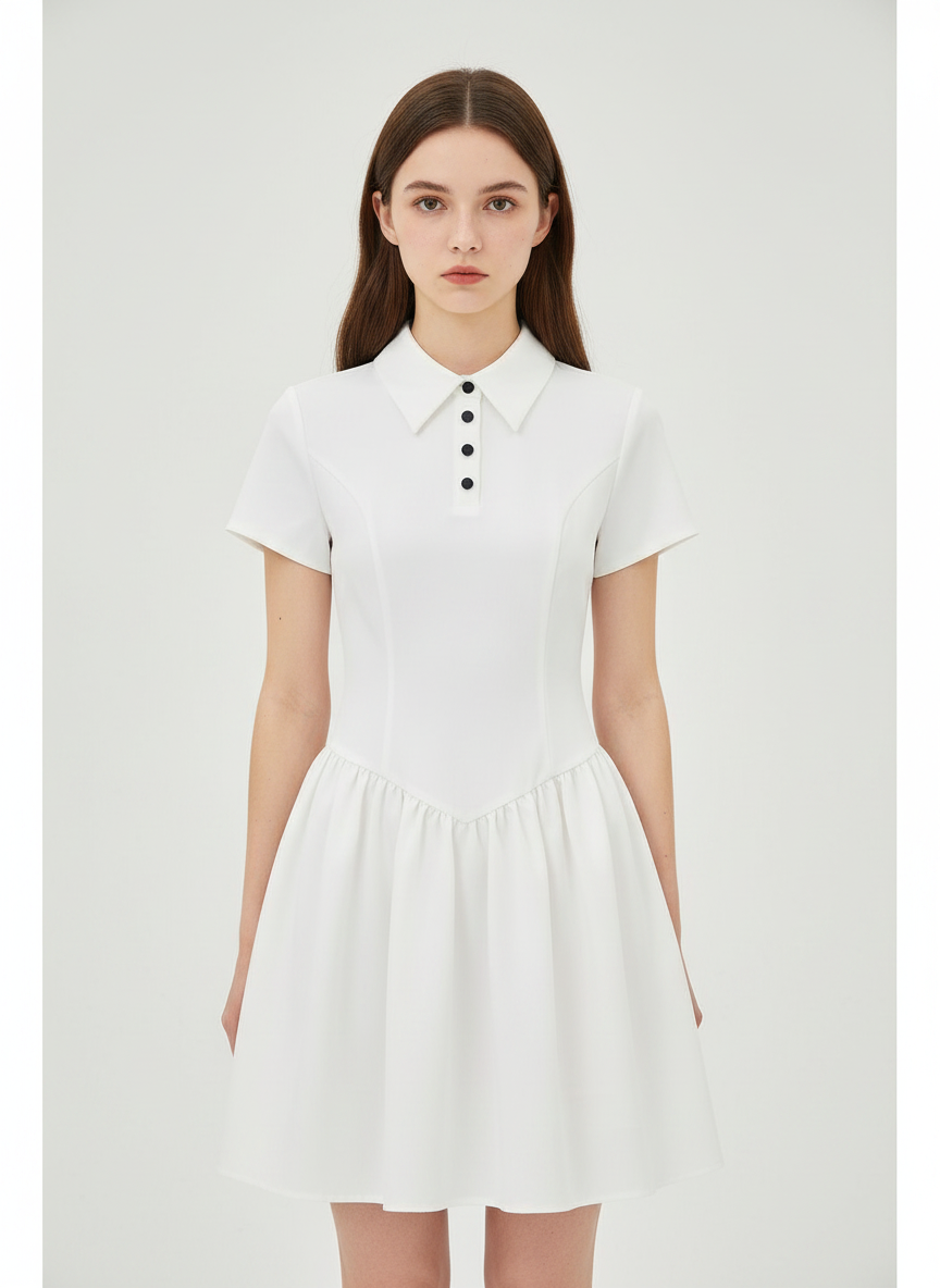 Dropped Waist Polo neck Dress With Gathers