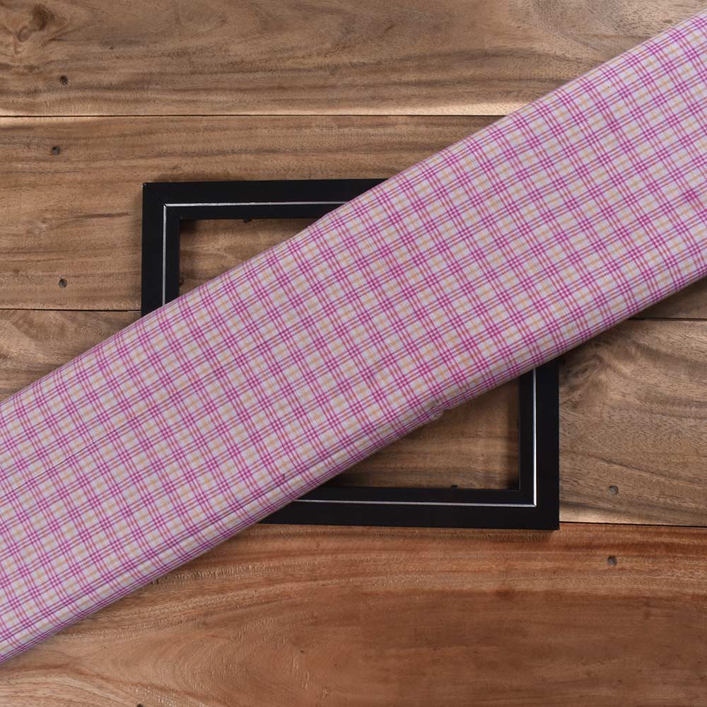 Check Pink & Yellow Pure Cotton 69 GSM Handwoven Fabric