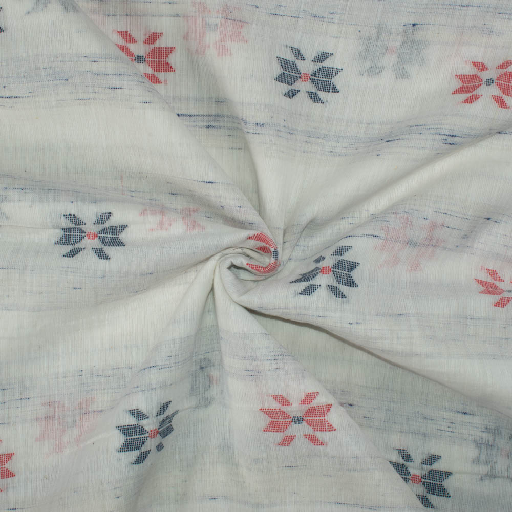 Geometric White Futki Jamdani Pure Khadi 85 GSM Handwoven Fabric