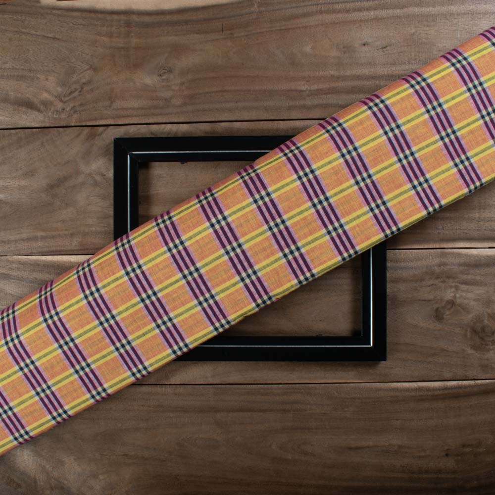 Yellow Black & Red Check Pure Cotton 60 GSM Handwoven Fabric 785