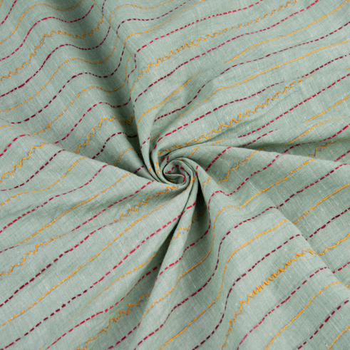 Stripe Mint Green Kantha Embroidered Khadi Cotton 115 GSM Handwoven Fabric