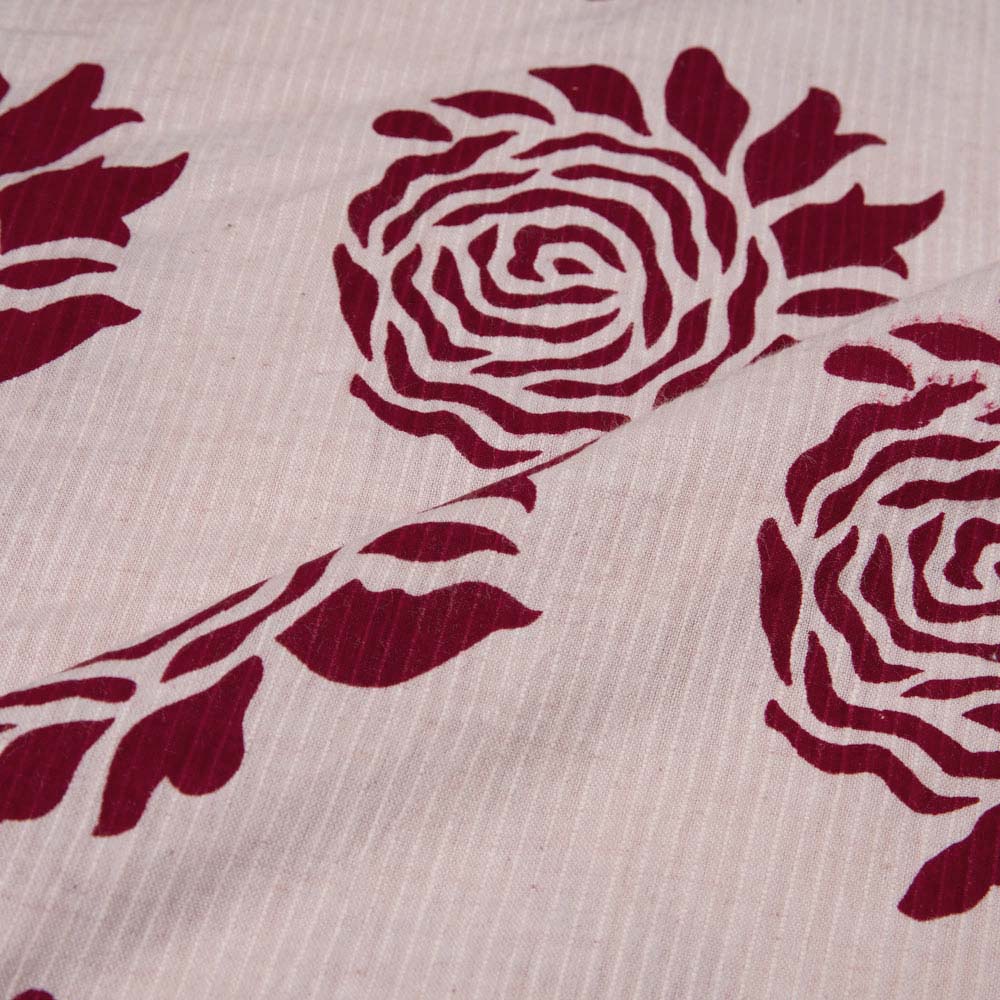 ROSE RED SCREENPRINTED COTTON KHADI 104 GSM HANDWOVEN FABRIC