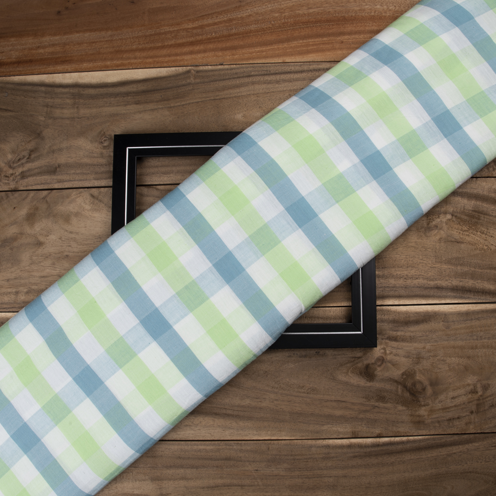 Check Blue & Green Pure Cotton 90 GSM Handwoven Fabric
