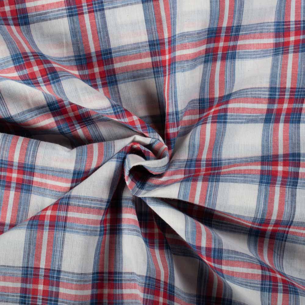 Check Blue Red White Tie Dye 70 GSM Pure Cotton Handwoven Fabric