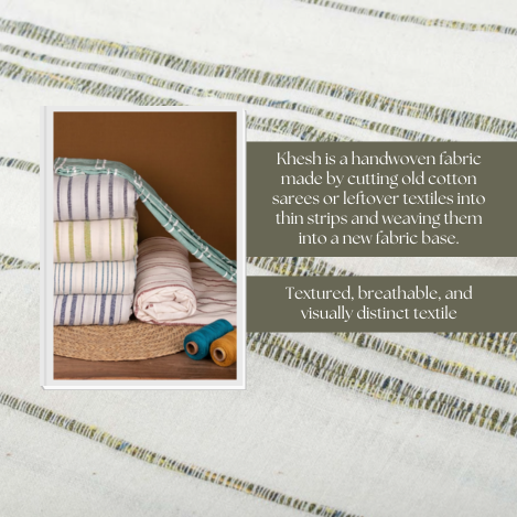 Close view of Khesh fabric made with old saree strips and cotton warp yarn