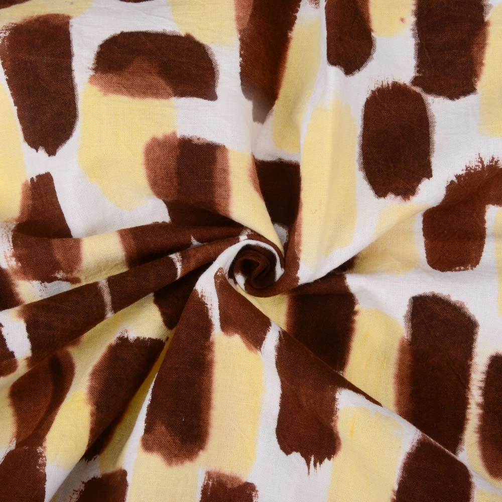 Abstract Yellow & Brown Screenprinted Pure Cotton  135 GSM Handwoven Fabric