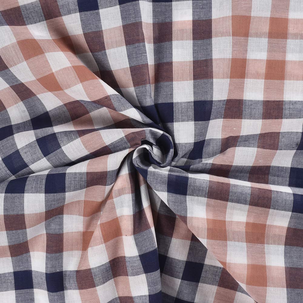 Check Brown Blue & White Pure Cotton 95 GSM Handwoven Fabric