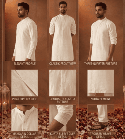 Pintucked kurta for men with refined handcrafted detailing.