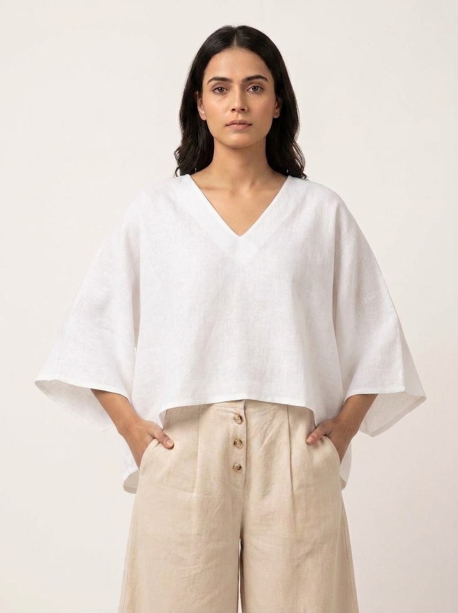 Dropped Shoulder Panel Tied Top With V Neck