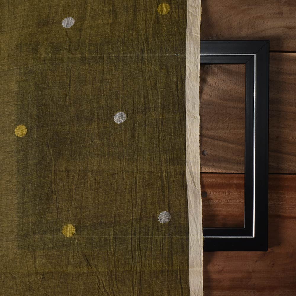 POLKA DOT OLIVE GREEN JAMDANI PURE COTTON 58 GSM HANDWOVEN FABRIC