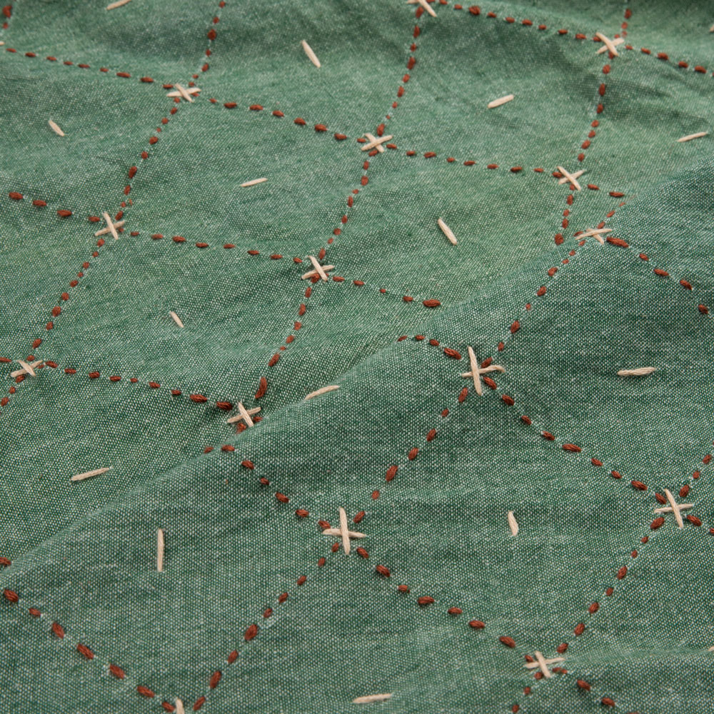 CHECK GREEN KANTHA EMBROIDERED PURE COTTON 153 GSM HANDWOVEN FABRIC