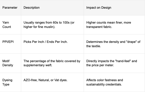 Key textile parameters like yarn count and weave density in jamdani fabric production