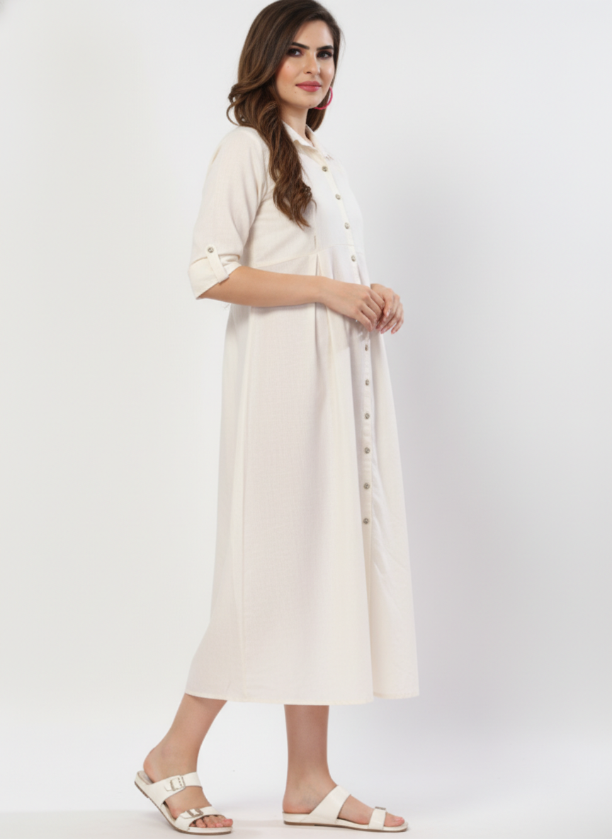 Buttons & Pleats Midi Dress