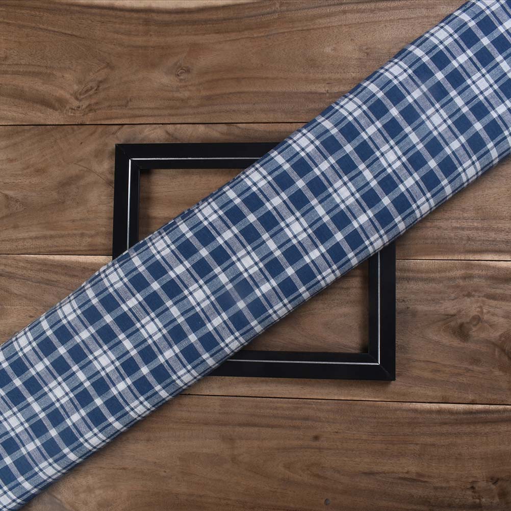 CHECK DARK BLUE & WHITE PURE COTTON 100 GSM HANDWOVEN FABRIC